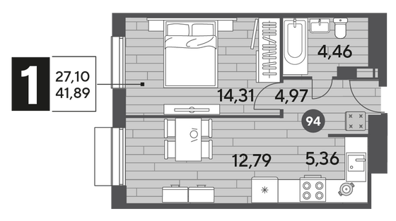 Продажа 1-комнатной квартиры 41,9 м², 9/9 этаж