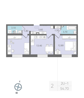 Продажа 2-комнатной квартиры 54,7 м², 1/25 этаж