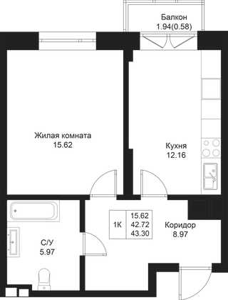 43,3 м², 1-комн. квартира, 4/5 этаж