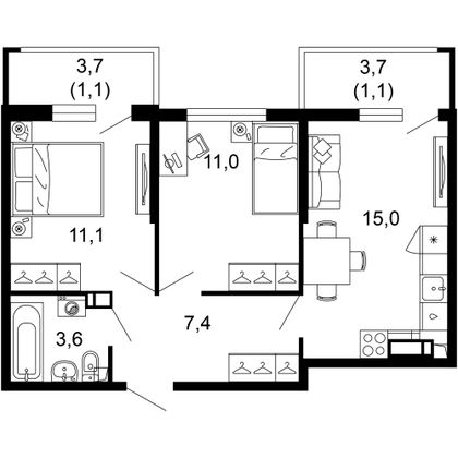 50,3 м², 2-комн. квартира, 3/17 этаж