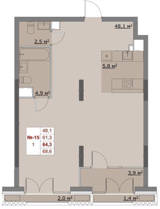 Продажа 1-комнатной квартиры 64,3 м², 5/6 этаж