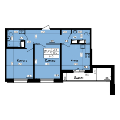 64,5 м², 2-комн. квартира, 16/23 этаж