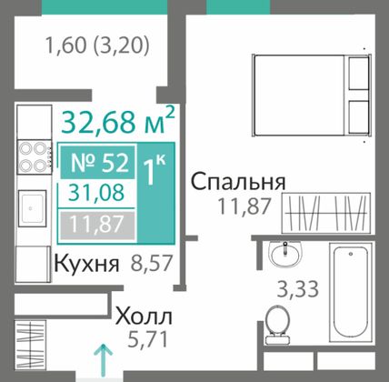 31,1 м², 1-комн. квартира, 8/10 этаж