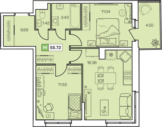 54,8 м², 2-комн. квартира, 8/8 этаж