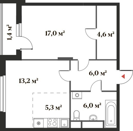 53,5 м², 2-комн. квартира, 2/6 этаж