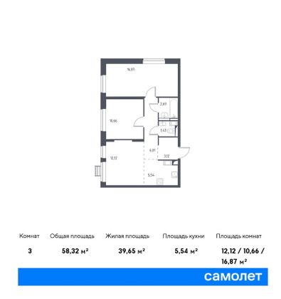 Продажа 3-комнатной квартиры 58,3 м², 2/17 этаж