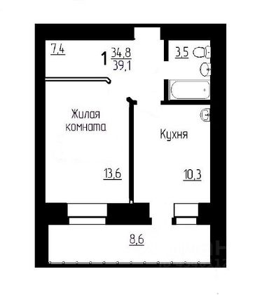 Продажа 1-комнатной квартиры 39,1 м², 2/11 этаж