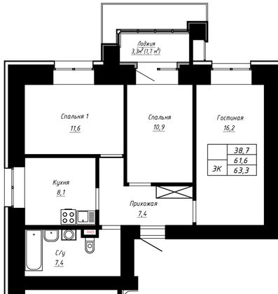 Продажа 3-комнатной квартиры 63,3 м², 2/16 этаж