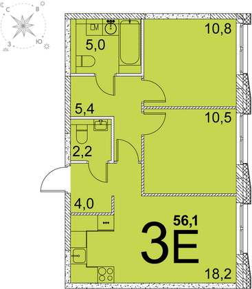 56,1 м², 2-комн. квартира, 23 этаж