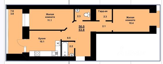 Продажа 2-комнатной квартиры 53,8 м², 10/10 этаж