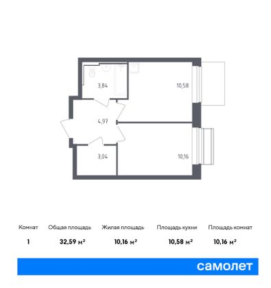 32,6 м², 1-комн. квартира, 2/7 этаж