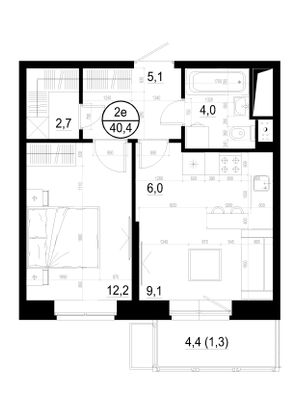 40,4 м², 2-комн. квартира, 5/19 этаж