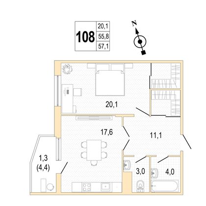 Продажа 1-комнатной квартиры 57,3 м², 4/8 этаж