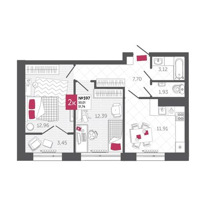 Продажа 2-комнатной квартиры 51,7 м², 11/22 этаж