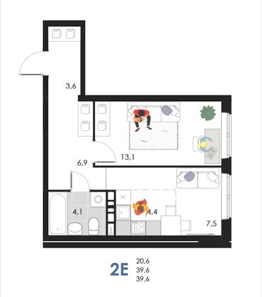 39,6 м², 2-комн. квартира, 2/6 этаж
