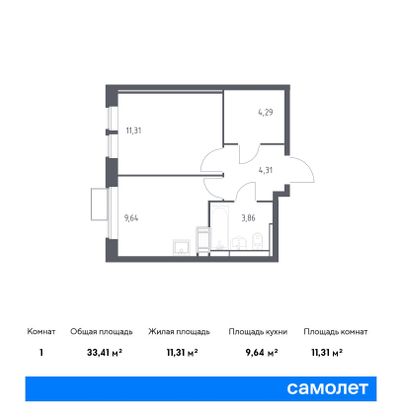 33,4 м², 1-комн. квартира, 17/25 этаж