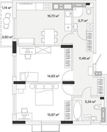 69 м², 2-комн. квартира, 7/7 этаж