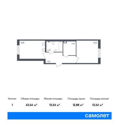 43,5 м², 1-комн. квартира, 1/8 этаж