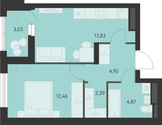 39,8 м², 1-комн. квартира, 13 этаж