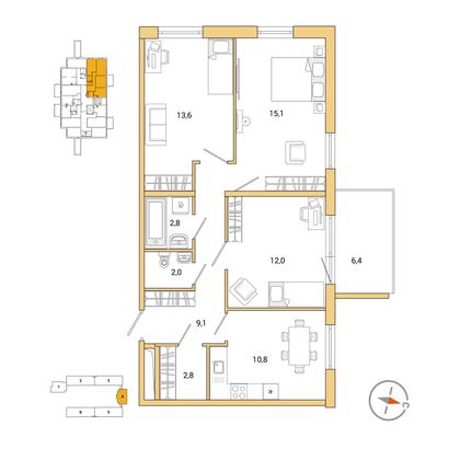 74,9 м², 3-комн. квартира, 2/5 этаж