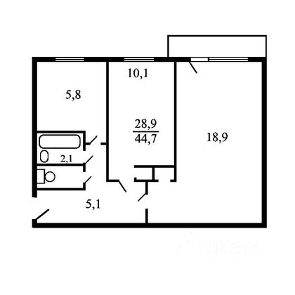 Продажа 2-комнатной квартиры 44,5 м², 1/9 этаж