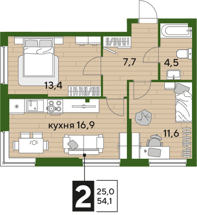 Продажа 2-комнатной квартиры 54,1 м², 2/16 этаж