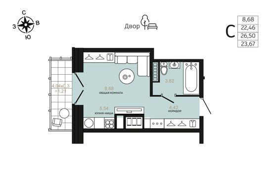 23,7 м², 1-комн. квартира, 8/9 этаж