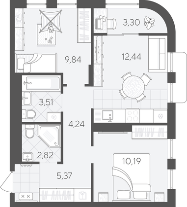 51,7 м², 2-комн. квартира, 8/9 этаж