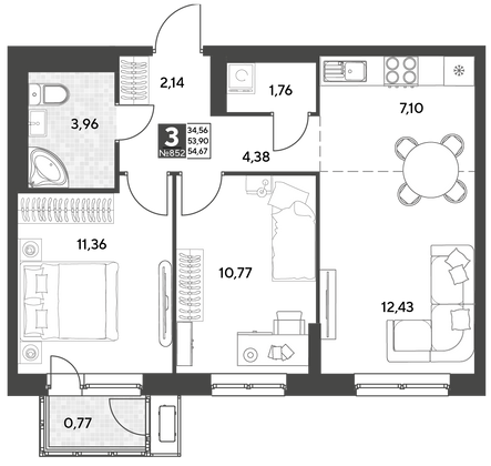Продажа 3-комнатной квартиры 54,7 м², 21/25 этаж