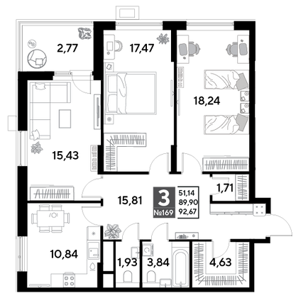 Продажа 3-комнатной квартиры 92,7 м², 15/25 этаж