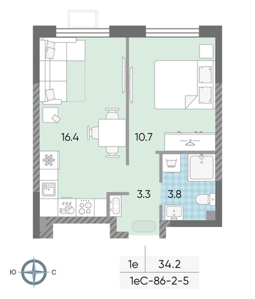 Продажа 1-комнатной квартиры 34,2 м², 4/24 этаж