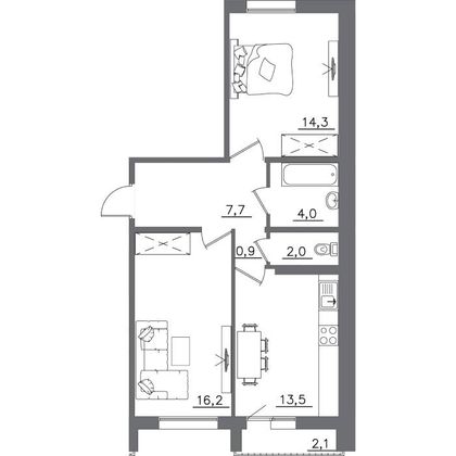 60,7 м², 2-комн. квартира, 8/9 этаж