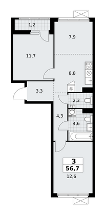 56,7 м², своб. планировка, 7/11 этаж