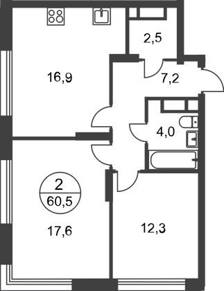 60,5 м², 2-комн. квартира, 6/17 этаж