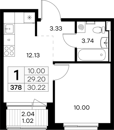 30,2 м², 1-комн. квартира, 3/9 этаж