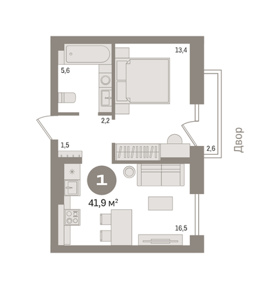 41,9 м², 1-комн. квартира, 2/16 этаж