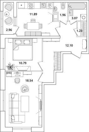 61 м², 2-комн. квартира, 12/23 этаж