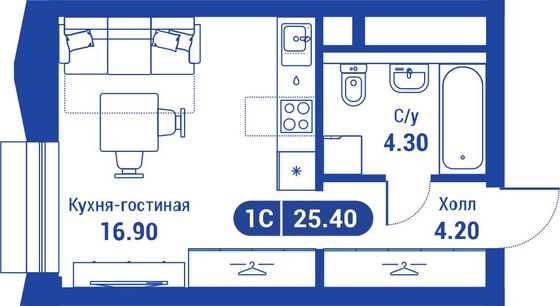 25,4 м², 1-комн. квартира, 14/26 этаж