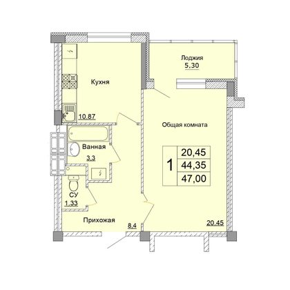 Продажа 1-комнатной квартиры 47 м², 1 этаж