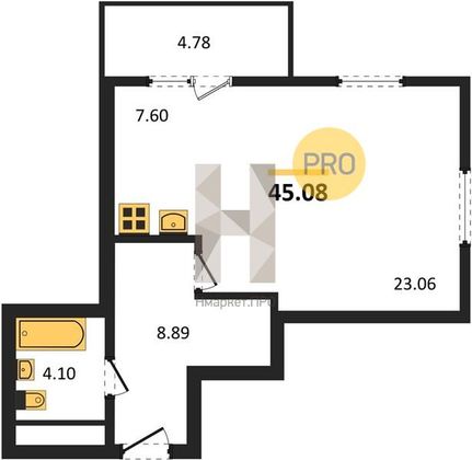 Продажа квартиры-студии 45,1 м², 7/19 этаж