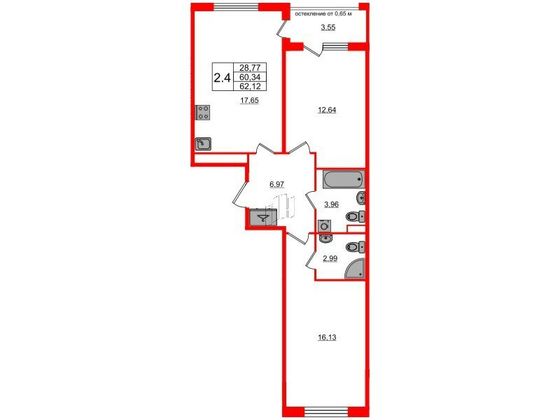 Продажа 2-комнатной квартиры 60,3 м², 1/4 этаж