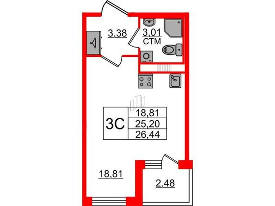 Продажа квартиры-студии 25,2 м², 3/4 этаж