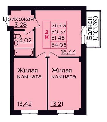 51,5 м², 2-комн. квартира, 2/9 этаж