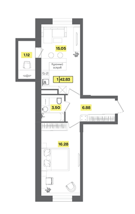 Продажа 2-комнатной квартиры 42,8 м², 3 этаж