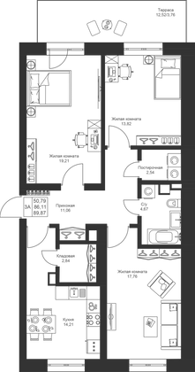 89,9 м², 3-комн. квартира, 1/4 этаж