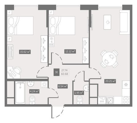 60,7 м², 2-комн. квартира, 3/10 этаж