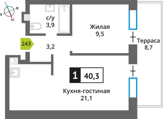 Продажа 1-комнатной квартиры 40,3 м², 1/6 этаж