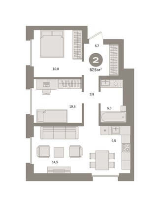 57,5 м², 2-комн. квартира, 5/31 этаж