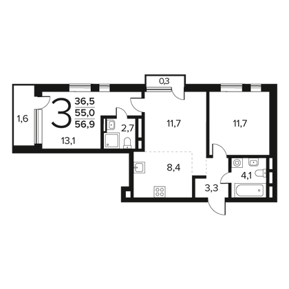 Продажа 3-комнатной квартиры 56,9 м², 5/14 этаж