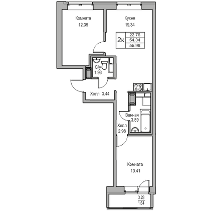 Продажа 2-комнатной квартиры 54,3 м², 3/23 этаж